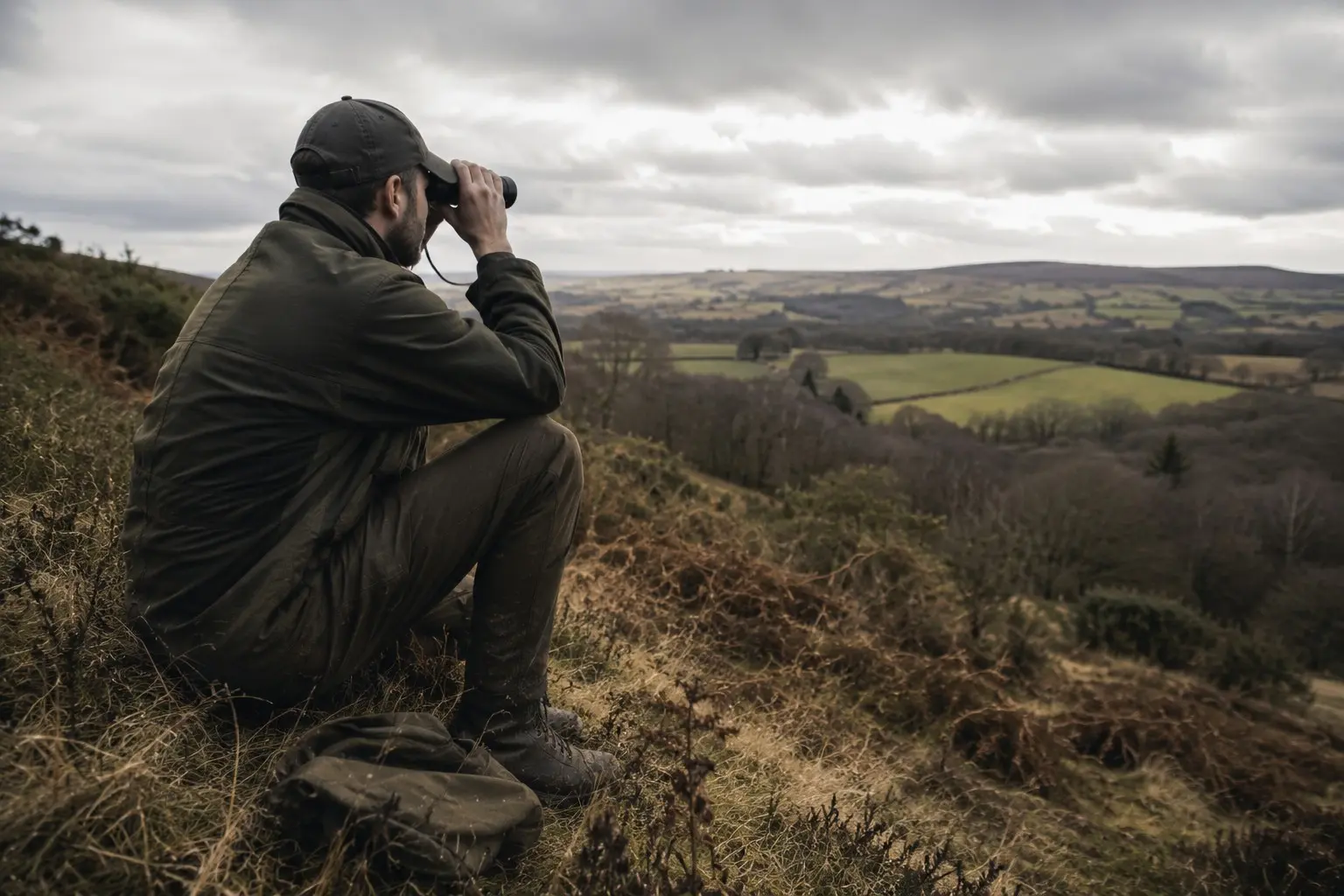 A deer manager observing a broad British landscape through binoculars