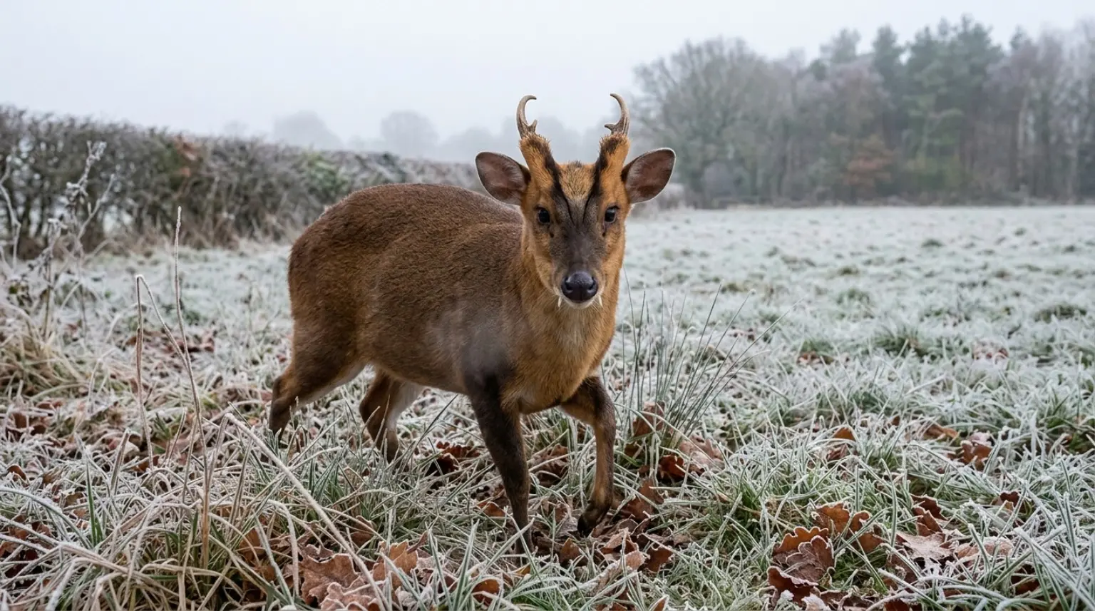 A wild muntjac in a frosted British field